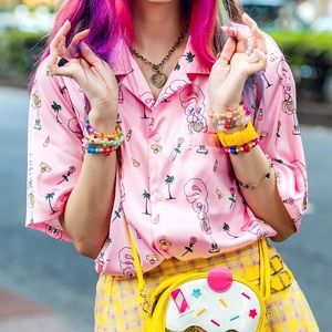 WC x Esther the Bunny Satin Button Down Shirt in pink (alternate pattern)